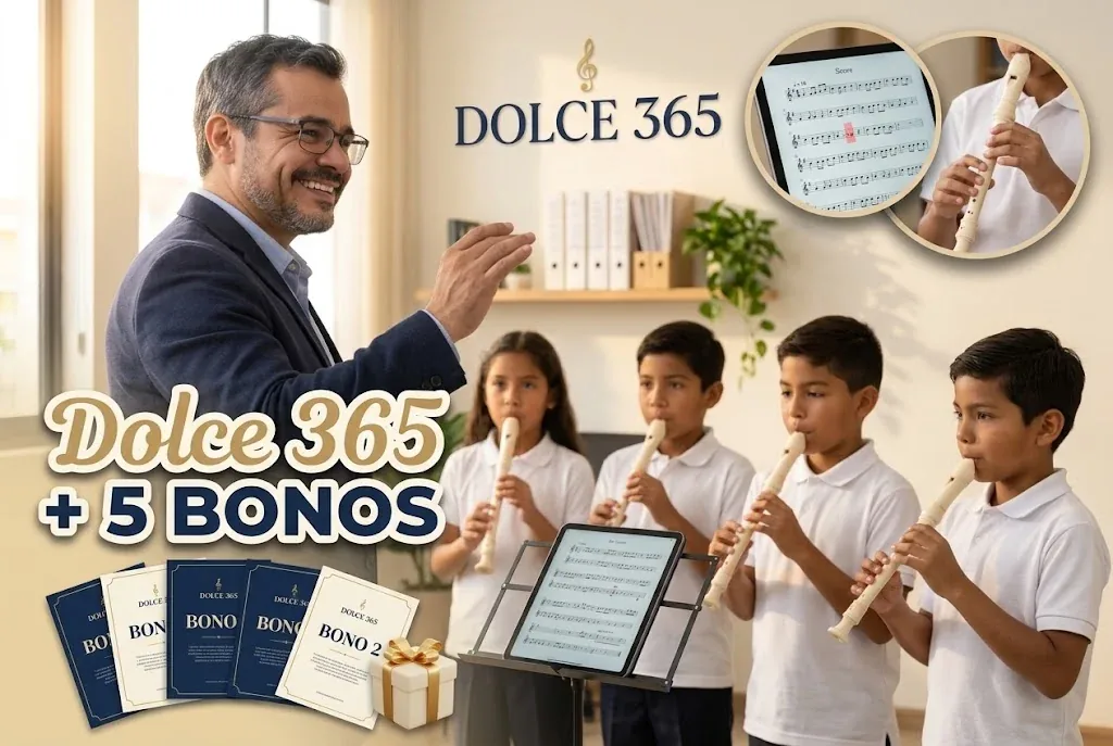Maestro dirigiendo a sus alumnos, que tocan flauta dulce con una orquesta